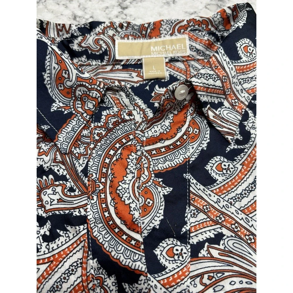 Michael Kors Women's L Paisley Button Front Blouse Orange Navy Long Sleeve Top